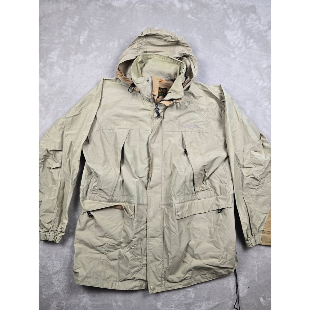 Timberland Weathergear Hooded Rain Jacket Mens XL Tan Full Zip Cargo Pockets